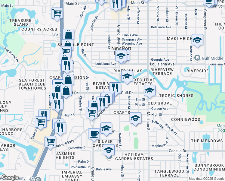 map of restaurants, bars, coffee shops, grocery stores, and more near 5651 Gulf Drive in Port Richey