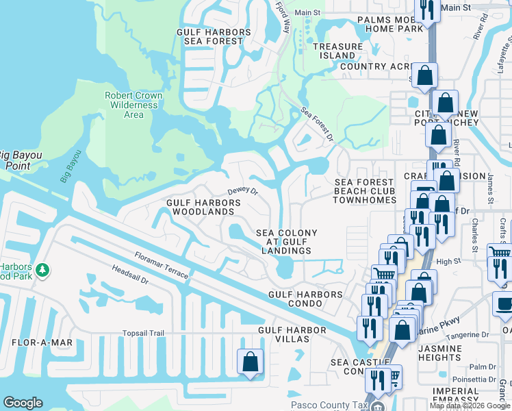 map of restaurants, bars, coffee shops, grocery stores, and more near 4567 Ingersol Place in Port Richey