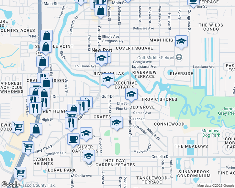 map of restaurants, bars, coffee shops, grocery stores, and more near 5511 Executive Drive in New Port Richey