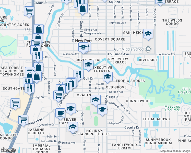 map of restaurants, bars, coffee shops, grocery stores, and more near 5511 Executive Drive in New Port Richey