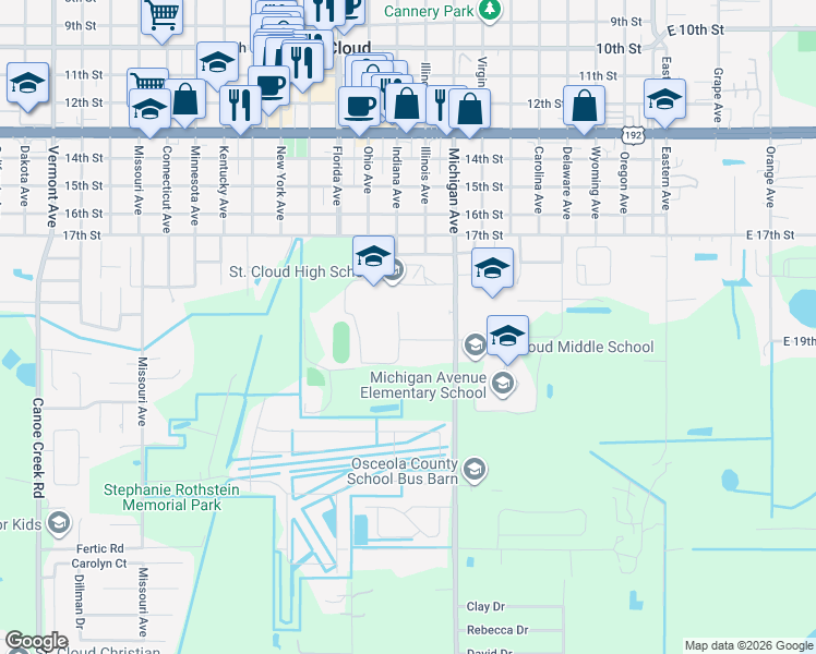 map of restaurants, bars, coffee shops, grocery stores, and more near 726 Michigan Court in St. Cloud