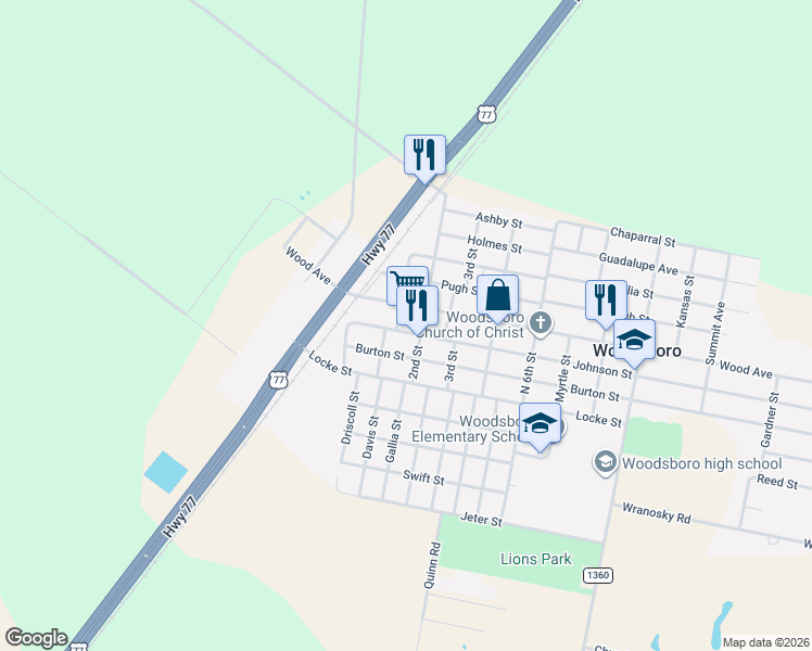 map of restaurants, bars, coffee shops, grocery stores, and more near 108 Wood Avenue in Woodsboro
