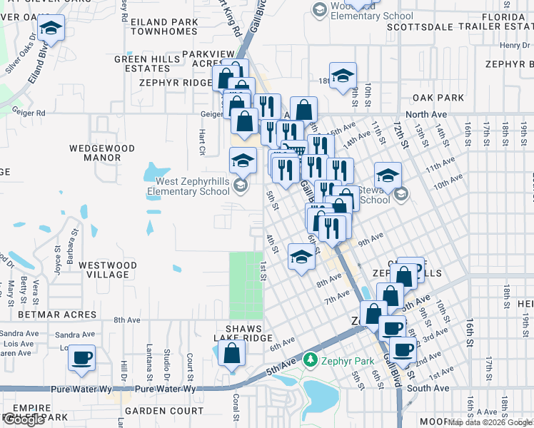 map of restaurants, bars, coffee shops, grocery stores, and more near 5610 1st Street in Zephyrhills