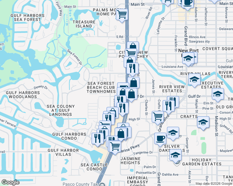 map of restaurants, bars, coffee shops, grocery stores, and more near 5121 Gulf Drive in New Port Richey
