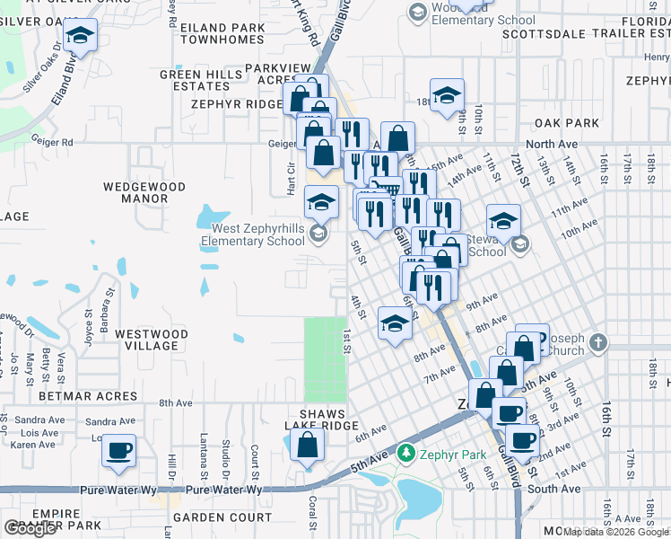 map of restaurants, bars, coffee shops, grocery stores, and more near 5610 1st Street in Zephyrhills