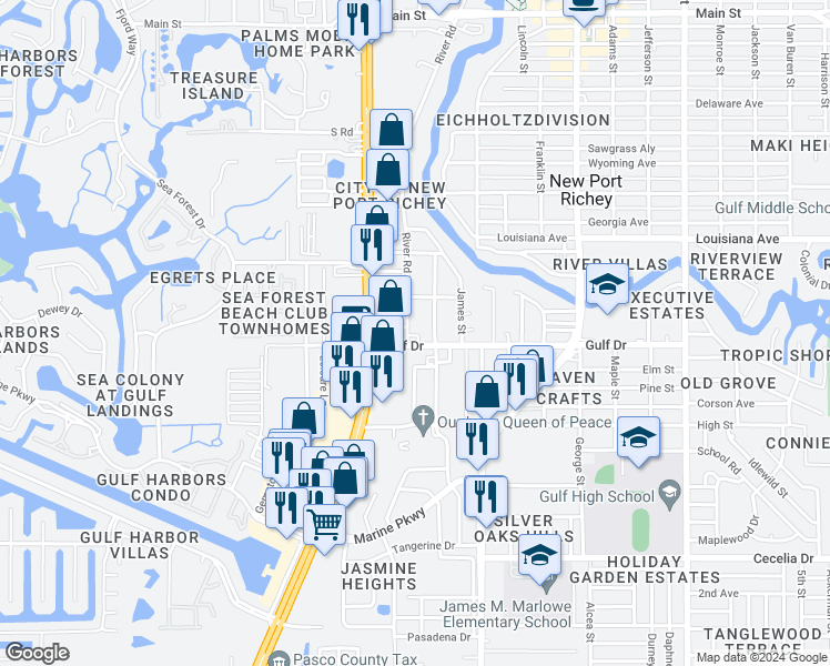 map of restaurants, bars, coffee shops, grocery stores, and more near U.S. 19 in New Port Richey