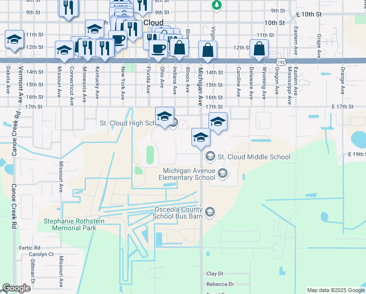 map of restaurants, bars, coffee shops, grocery stores, and more near 720 Michigan Court in Saint Cloud
