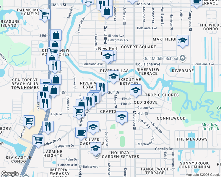 map of restaurants, bars, coffee shops, grocery stores, and more near 9351 Ottawa St in New Port Richey