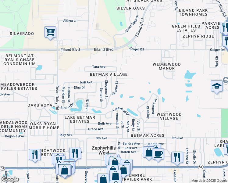 map of restaurants, bars, coffee shops, grocery stores, and more near 5613 Pawnee Street in Zephyrhills