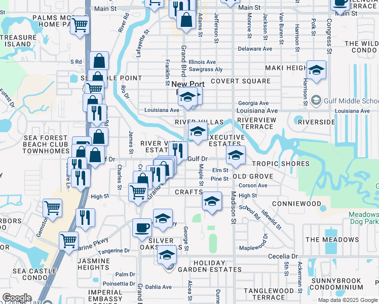 map of restaurants, bars, coffee shops, grocery stores, and more near 5520 Grand Boulevard in New Port Richey
