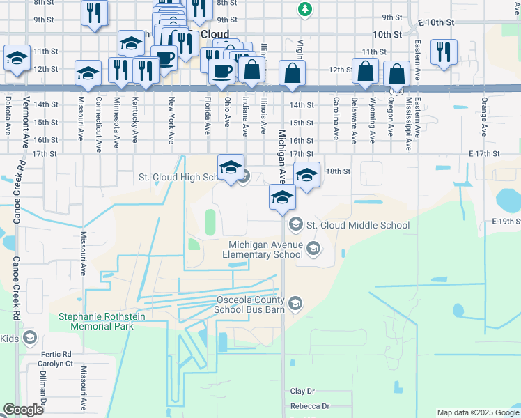 map of restaurants, bars, coffee shops, grocery stores, and more near 738 Michigan Court in St. Cloud