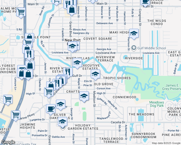 map of restaurants, bars, coffee shops, grocery stores, and more near 5939 Gulf Drive in Port Richey