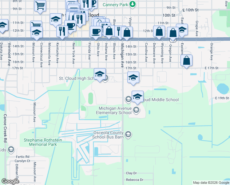 map of restaurants, bars, coffee shops, grocery stores, and more near 738 Michigan Court in St. Cloud