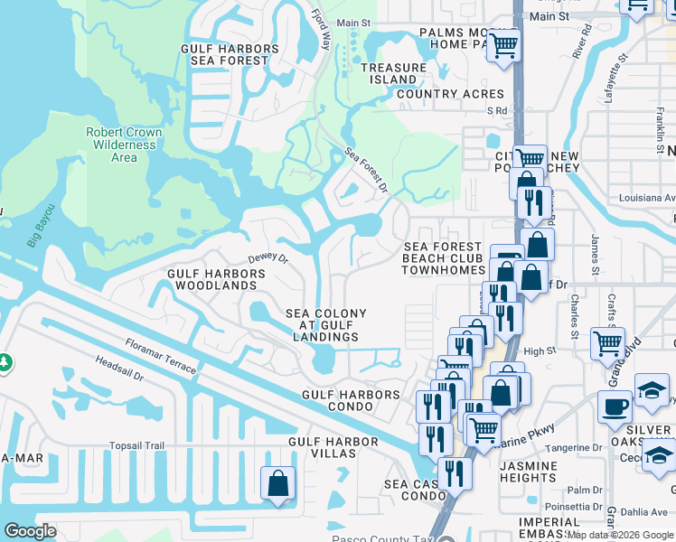 map of restaurants, bars, coffee shops, grocery stores, and more near 5507 Jobeth Drive in New Port Richey
