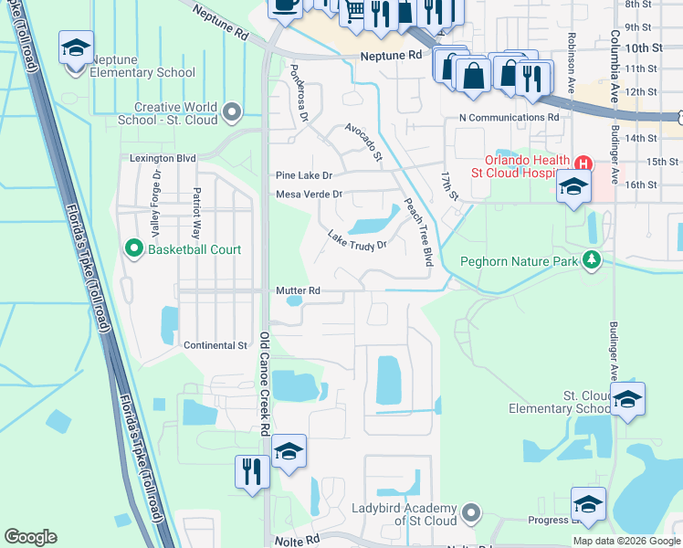 map of restaurants, bars, coffee shops, grocery stores, and more near 1813 Cherrywood Court in Saint Cloud