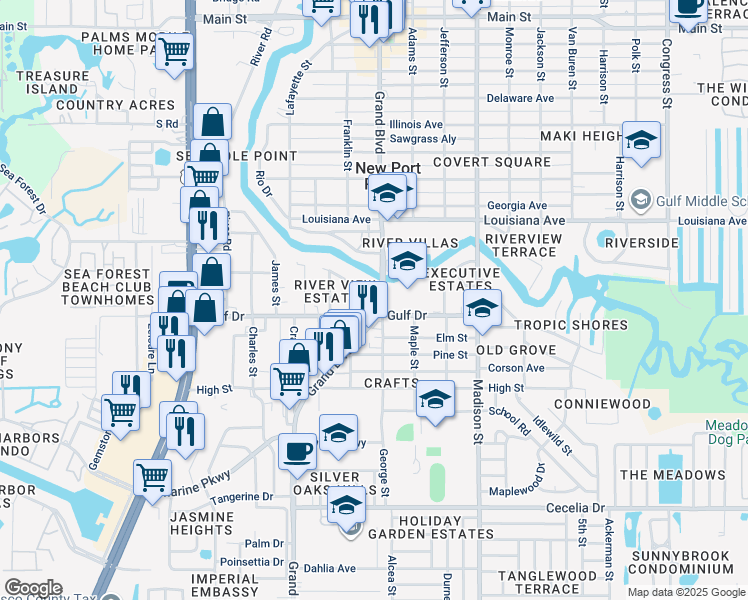 map of restaurants, bars, coffee shops, grocery stores, and more near 5651 Gulf Drive in Port Richey