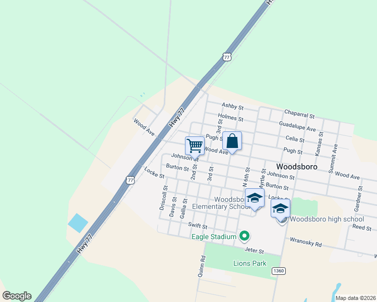map of restaurants, bars, coffee shops, grocery stores, and more near 108 Wood Avenue in Woodsboro