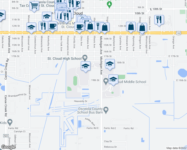 map of restaurants, bars, coffee shops, grocery stores, and more near 709 Michigan Court in Saint Cloud