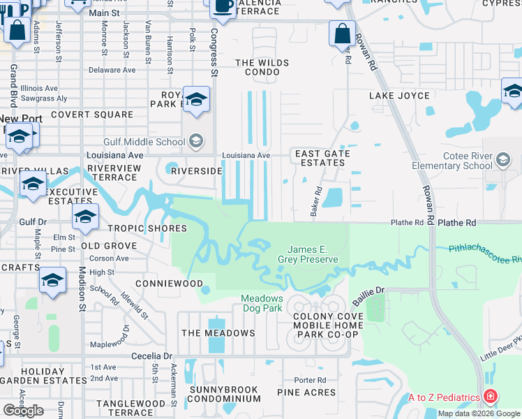 map of restaurants, bars, coffee shops, grocery stores, and more near 5503 Lagoon Drive in New Port Richey