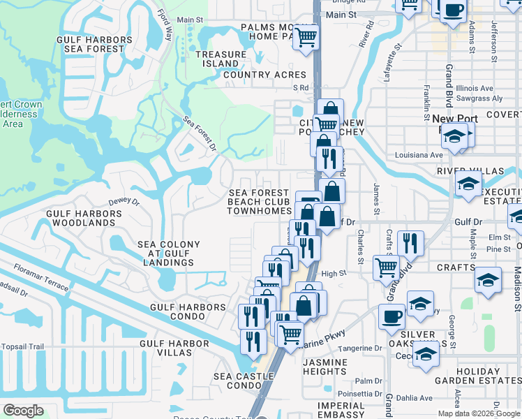 map of restaurants, bars, coffee shops, grocery stores, and more near 5026 Sand Castle Drive in New Port Richey