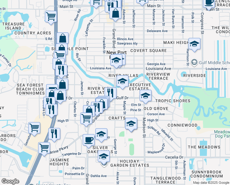 map of restaurants, bars, coffee shops, grocery stores, and more near 5520 Grand Boulevard in New Port Richey
