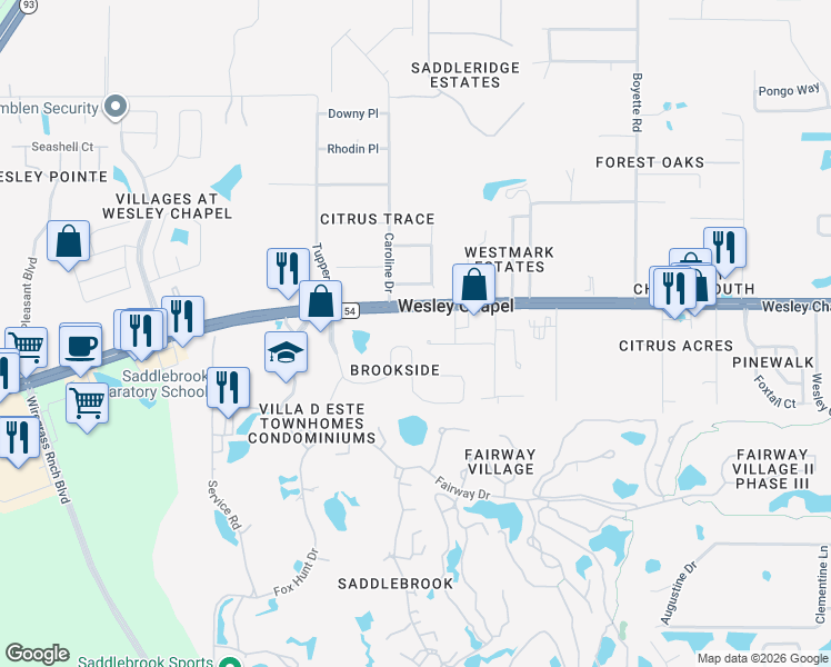 map of restaurants, bars, coffee shops, grocery stores, and more near 5705 Killian Path in Wesley Chapel