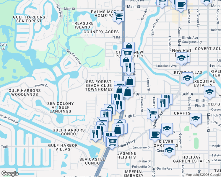 map of restaurants, bars, coffee shops, grocery stores, and more near 5121 Gulf Drive in New Port Richey
