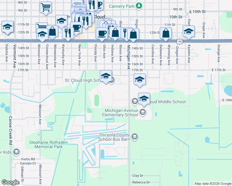 map of restaurants, bars, coffee shops, grocery stores, and more near 726 Michigan Court in St. Cloud
