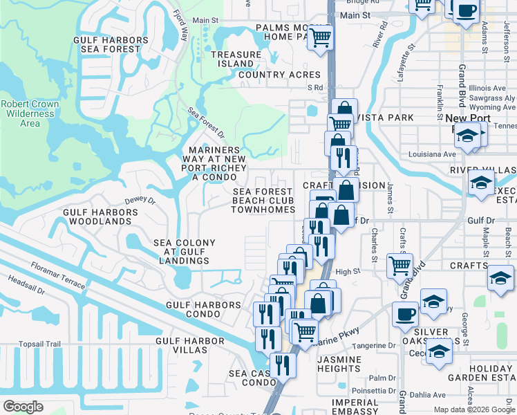 map of restaurants, bars, coffee shops, grocery stores, and more near 4930 Hammerhead Drive in New Port Richey
