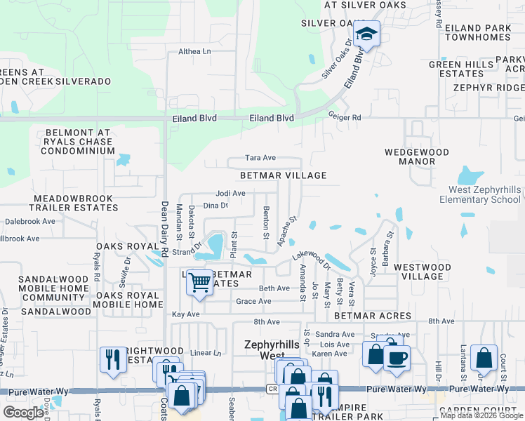 map of restaurants, bars, coffee shops, grocery stores, and more near 5633 Benton Street in Zephyrhills