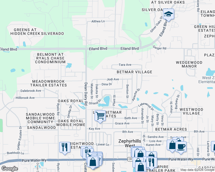 map of restaurants, bars, coffee shops, grocery stores, and more near 5622 Arrowhead Drive in Zephyrhills