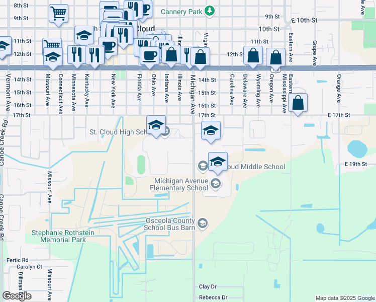 map of restaurants, bars, coffee shops, grocery stores, and more near 738 Michigan Court in St. Cloud
