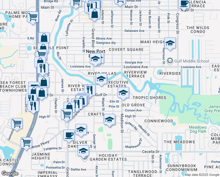map of restaurants, bars, coffee shops, grocery stores, and more near 5511 Executive Drive in New Port Richey