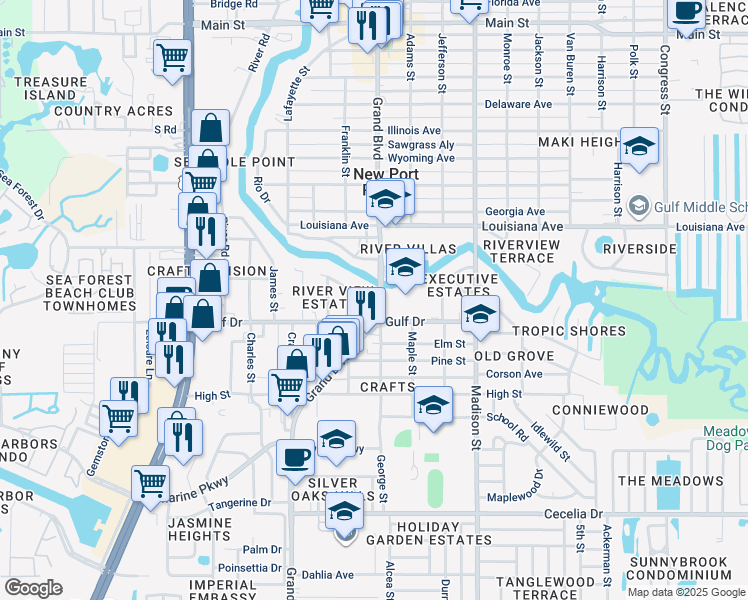 map of restaurants, bars, coffee shops, grocery stores, and more near 5651 Gulf Drive in Port Richey