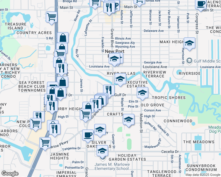 map of restaurants, bars, coffee shops, grocery stores, and more near 5651 Gulf Drive in Port Richey