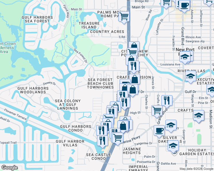 map of restaurants, bars, coffee shops, grocery stores, and more near 5529 White Marlin Court in New Port Richey