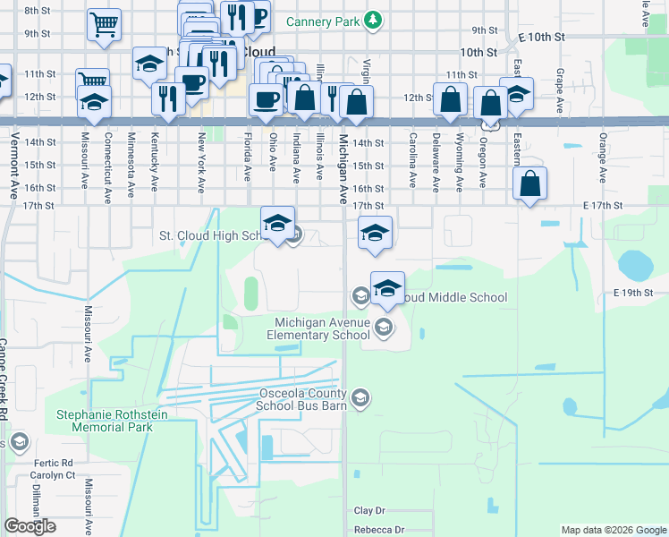map of restaurants, bars, coffee shops, grocery stores, and more near 738 Michigan Court in St. Cloud