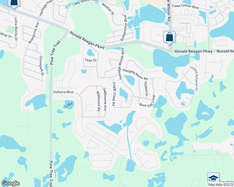 map of restaurants, bars, coffee shops, grocery stores, and more near 234 Foggy Creek Road in Davenport