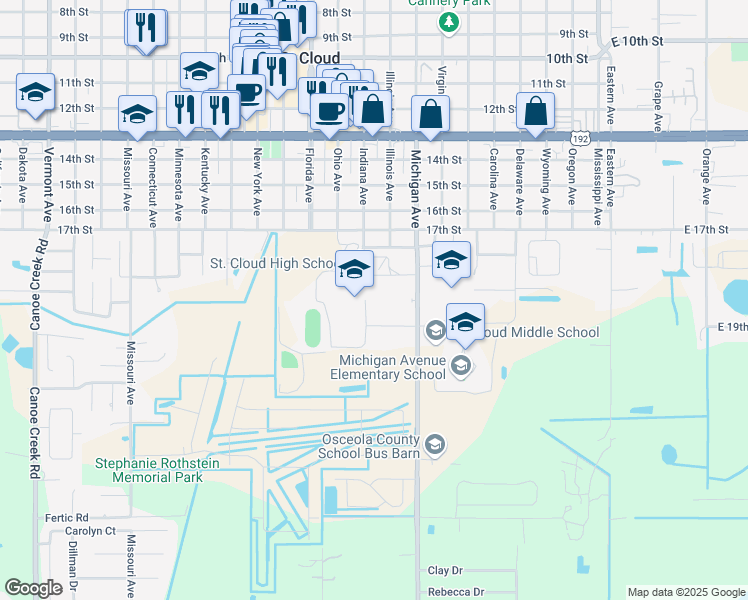 map of restaurants, bars, coffee shops, grocery stores, and more near 696 Michigan Court in Saint Cloud