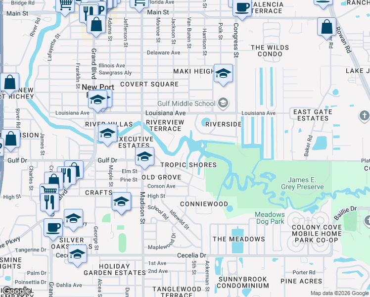 map of restaurants, bars, coffee shops, grocery stores, and more near 5534 Tropic Drive in New Port Richey