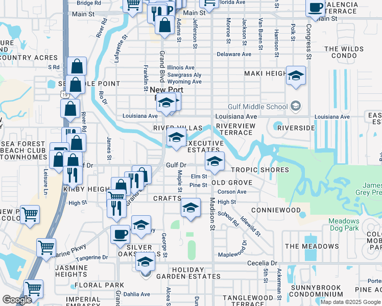 map of restaurants, bars, coffee shops, grocery stores, and more near 5537 Executive Drive in New Port Richey
