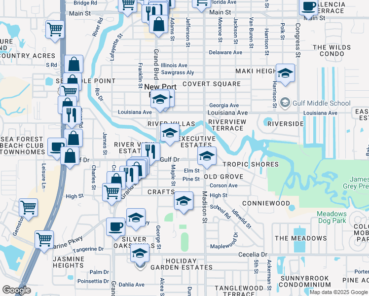 map of restaurants, bars, coffee shops, grocery stores, and more near 5551 Executive Drive in New Port Richey