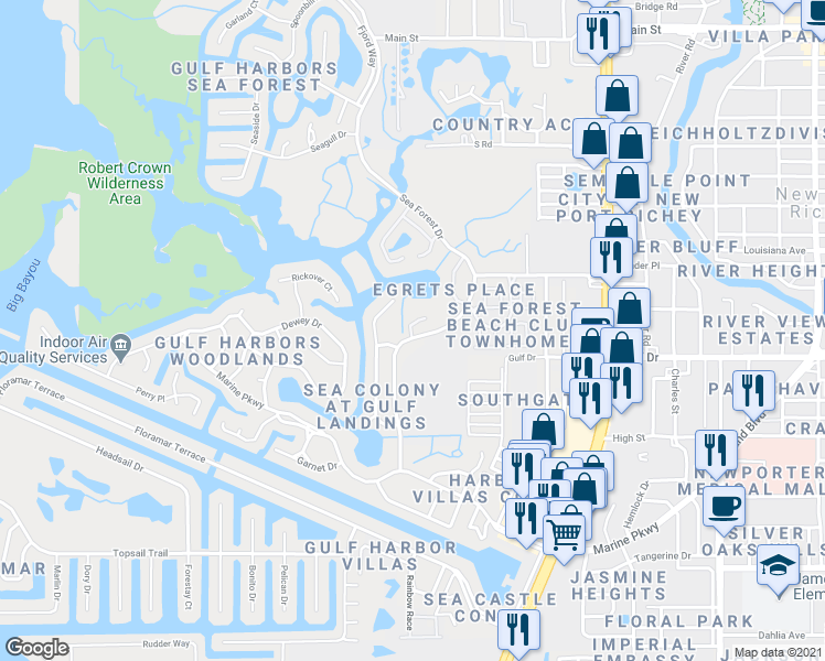 map of restaurants, bars, coffee shops, grocery stores, and more near 5537 Sea Forest Drive in Port Richey
