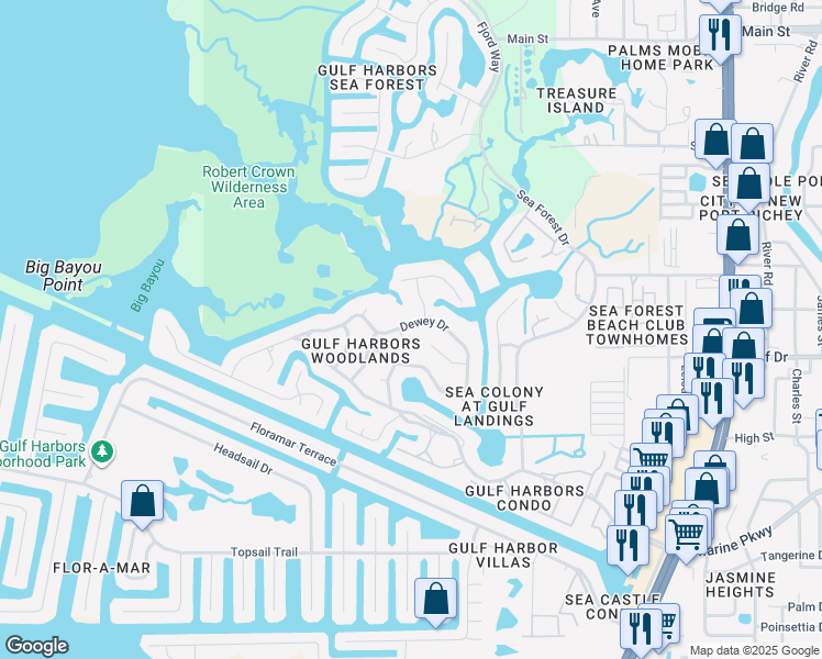 map of restaurants, bars, coffee shops, grocery stores, and more near 5617 Decatur Drive in Port Richey
