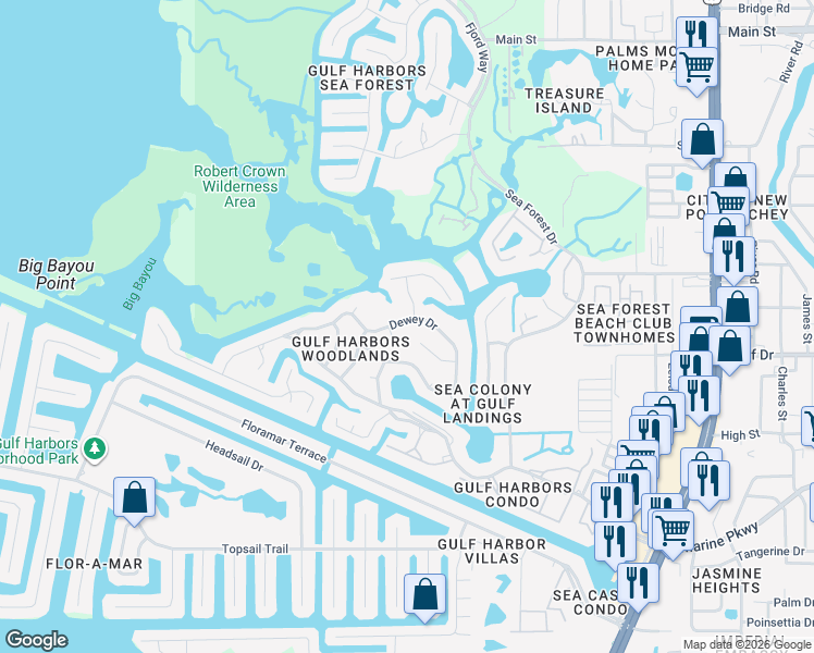 map of restaurants, bars, coffee shops, grocery stores, and more near 4504 Dewey Drive in New Port Richey