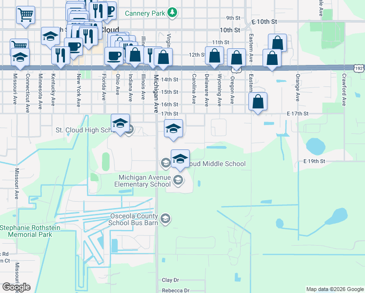 map of restaurants, bars, coffee shops, grocery stores, and more near 430 James Place in St. Cloud