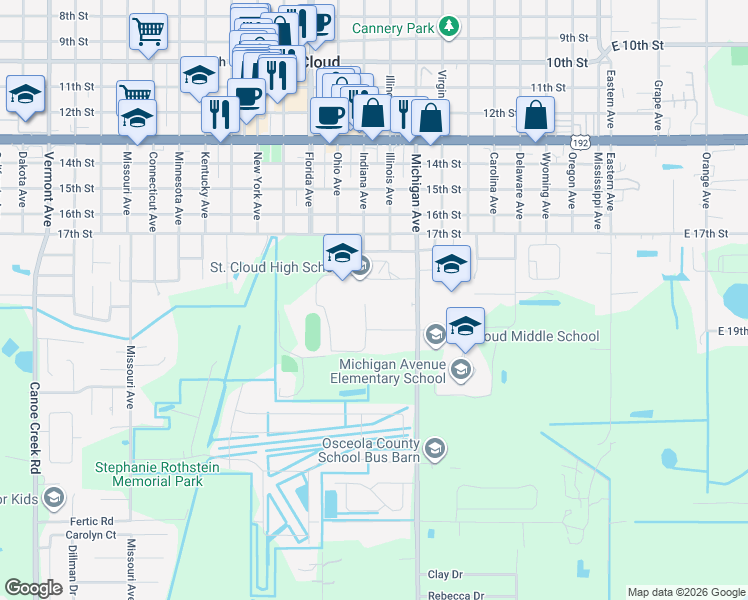 map of restaurants, bars, coffee shops, grocery stores, and more near 719 Michigan Court in St. Cloud