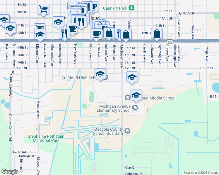 map of restaurants, bars, coffee shops, grocery stores, and more near 719 Michigan Court in St. Cloud