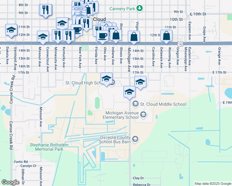 map of restaurants, bars, coffee shops, grocery stores, and more near 719 Michigan Court in St. Cloud