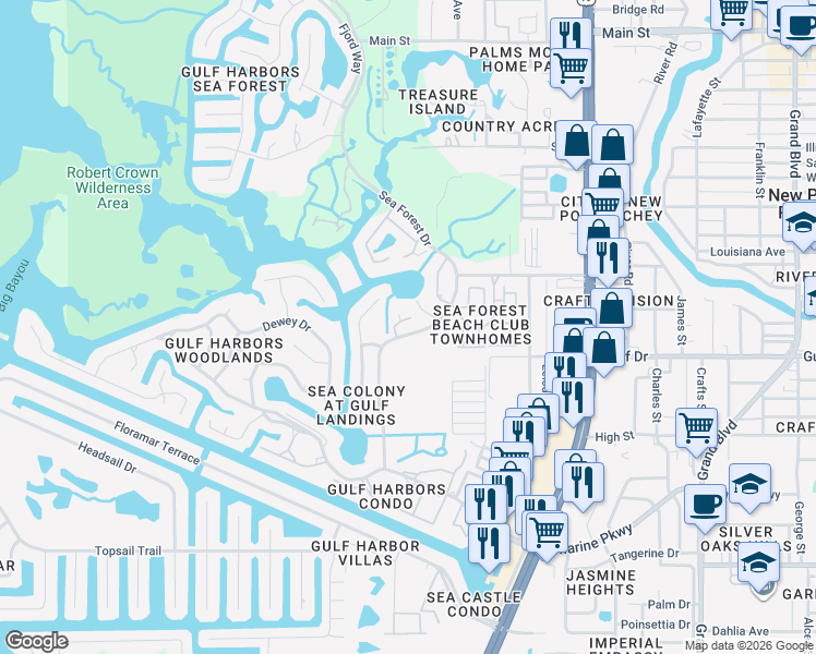 map of restaurants, bars, coffee shops, grocery stores, and more near 5537 Sea Forest Drive in Port Richey